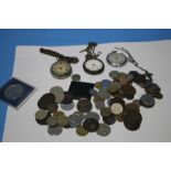 A COLLECTION OF WORLD COINS, POCKET WATCHES ETC.