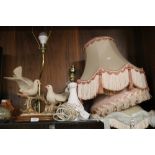 AN AYNSLEY LAMP, ANOTHER LAMP WITH BIRDS AND ANOTHER (3)