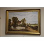 A FRAMED OIL ON CANVAS OF A RURAL SCENE