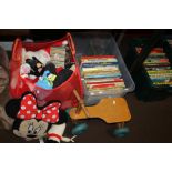 A COLLECTION OF SOFT TOYS, CHILDREN'S BOOKS, A WOODEN TODDLERS FOUR WHEELED BIKE, ETC.