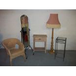 A WICKER CHAIR, A HEAVY OAK STANDARD FLOOR LAMP, A CHROME FLOOR STANDING DRESSING MIRROR, AN OAK