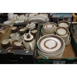 TWO TRAYS OF DENBY AND SIMILAR STYLE TEA & DINNERWARE (TRAYS NOT INCLUDED)