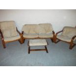 AN IKEA POANG STYLE FOUR PIECE SUITE - TWO SEATER SOFA, TWO CHAIRS AND A FOOT STOOL