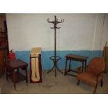 FIVE ITEMS INCLUDING A COAT STAND, A FOLDING Z BED, DROP LEAF TROLLEY TABLE ETC.
