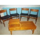 FOUR RETRO TEAK BLACK VINYL DINING CHAIRS AND A TEAK TELEPHONE SEAT