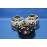 A PAIR OF ORIENTAL VASES TOGETHER WITH AN ORIENTAL LIDDED POT, NO MARKS (3)