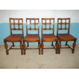 FOUR ANTIQUE OAK LATTICE BACK DINING CHAIRS