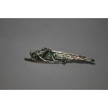 A LARGE SILVER PLIQUE-A-JOUR LOCUST BROOCH SET WITH CABOCHON, RUBY AND MARCASITE