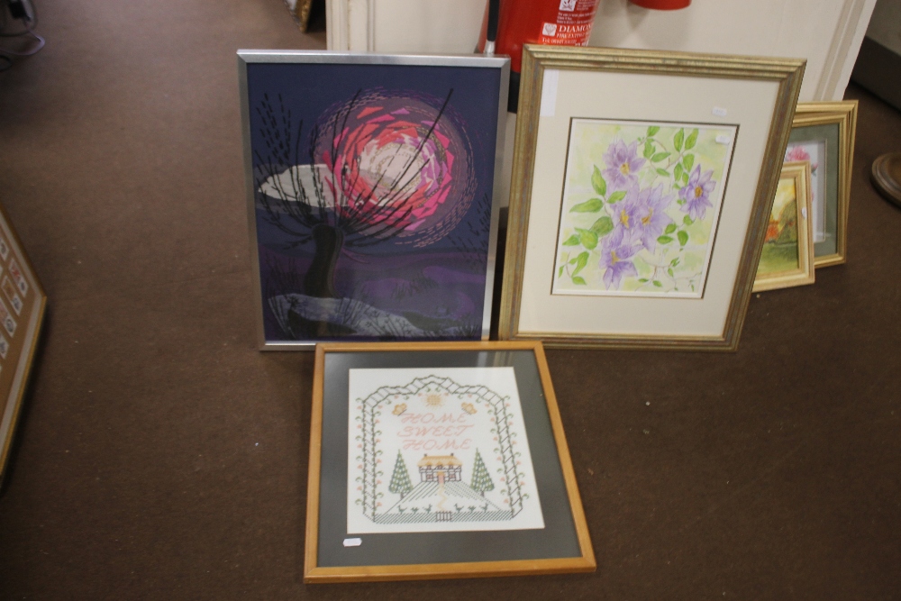 TWO FRAMED AND GLAZED MODERN TAPESTRIES TOGETHER WITH A BOTANICAL PRINT