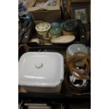 TWO TRAYS OF KITCHENALIA TO INCLUDE ENAMEL BREAD BIN, VINTAGE SCALES ETC. (TRAYS NOT INCLUDED)