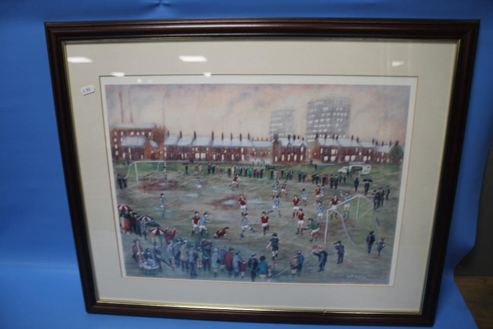 B. MCMULLEN - A FRAMED AND GLAZED PRINT OF A FOOTBALL MATCH