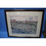 B. MCMULLEN - A FRAMED AND GLAZED PRINT OF A FOOTBALL MATCH