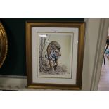 A FRAMED LIMITED EDITION PRINT OF A TIGER SIGNED STEPHEN GAYFORD, APPROX. 41 X 50 CM