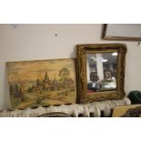 A SMALL GILT FRAMED MIRROR 35 X 30 CM TOGETHER WITH A POKER WORK PICTURE OF A RUSSIAN SCENE