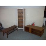 TWO RETRO TEAK COFFEE TABLES AND VINTAGE SHELVED PAINTED STORAGE CUPBOARD