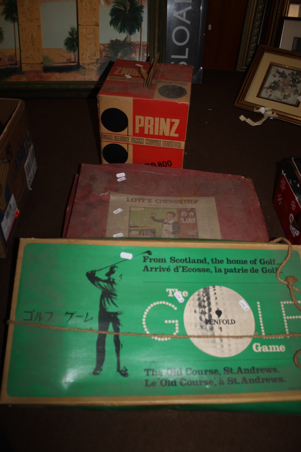 A PRINZ MOVIE EDITOR, A LOTTS CHEMISTRY SET (NOT COMPLETE), THE GOLF GAME ETC.