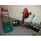 ELECTRICAL GARDEN TOOLS TO INCLUDE A QUALCAST MOWER, BOXED HEDGE TRIMMER, FLYMO LEAF BLOWER, TOOL