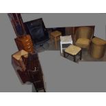 TEN ITEMS CONSISTING OF A LEATHER SWIVEL CHAIR, STOOLS, A LLOYD LOOM OVAL LINEN BASKET, A LOOM CHAIR