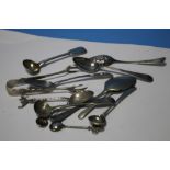 A QUANTITY OF SILVER AND WHITE METAL SPOONS, TONGS ETC.