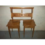 A SOLID DISPLAY SPICE WALL RACK WITH DRAWERS AND TWO SOLID PINE SOFA TABLES