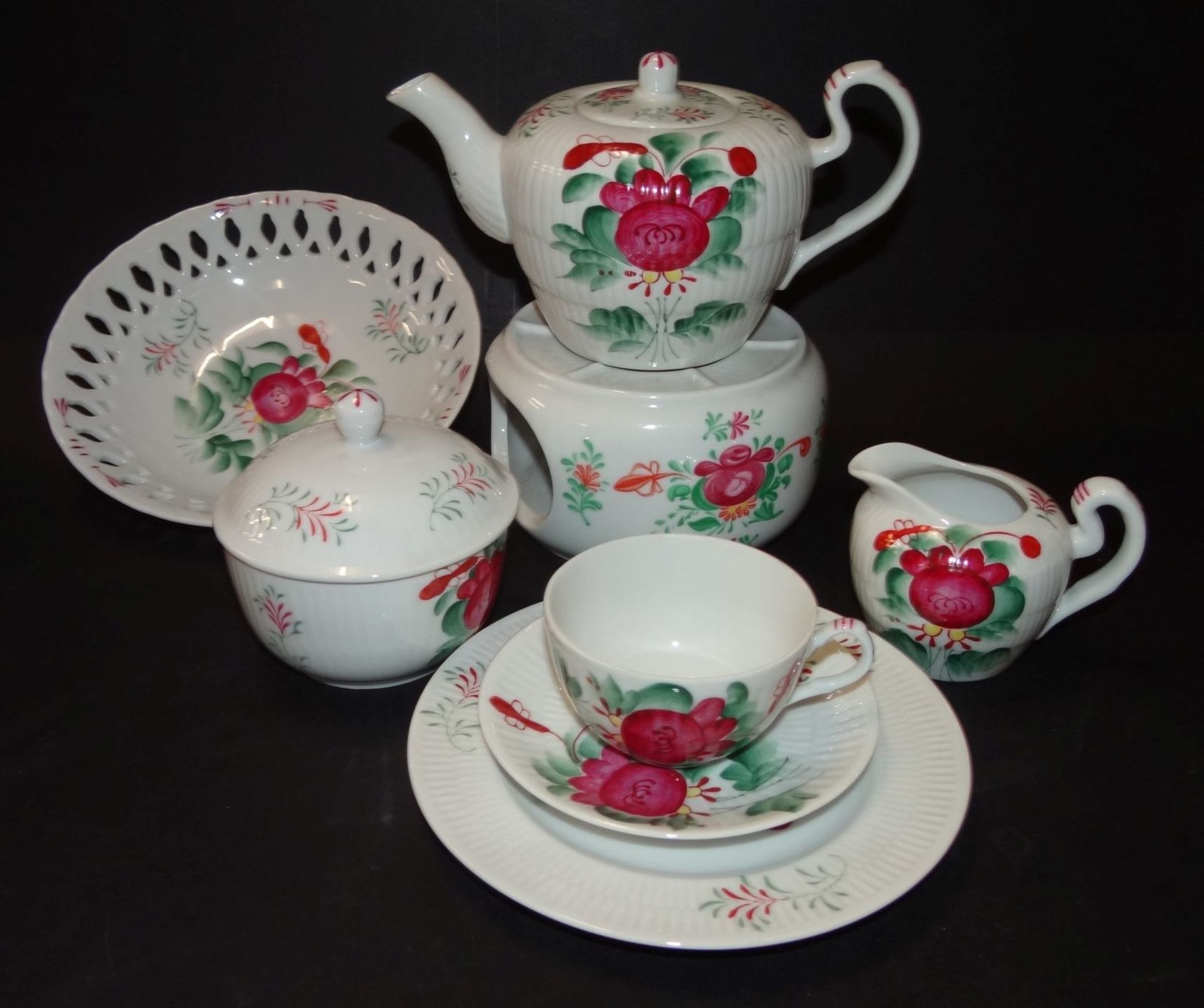 Teeservice mit handgemalter Freisenrose, 23 Teile, (kl. Teekanne, H-11 cm!) - Bild 3 aus 4