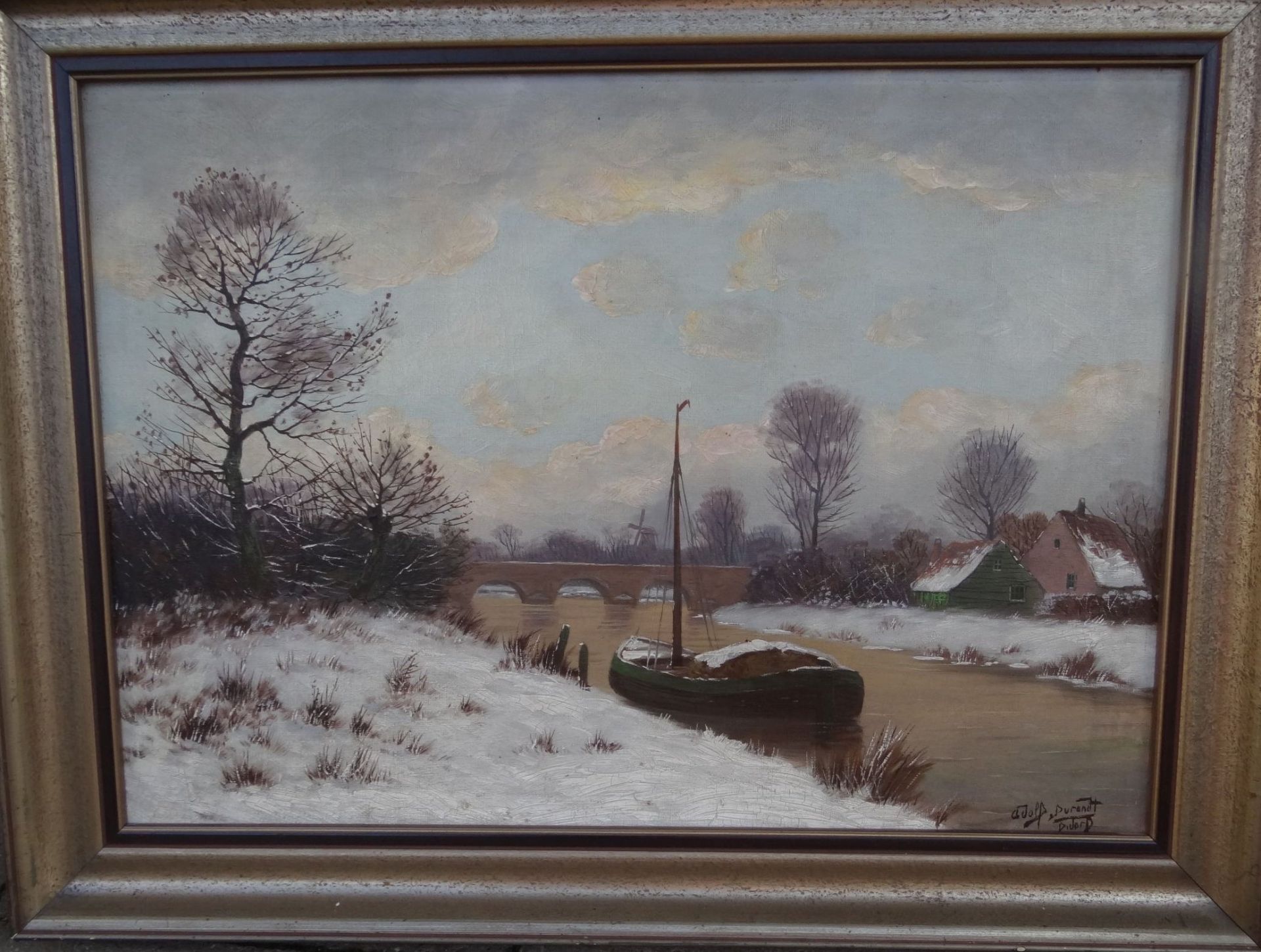 Adolf Durandt "Kanallandschaft im Winter" Öl/Leinen, gerahmt, RG 60x75 c< - Bild 2 aus 5