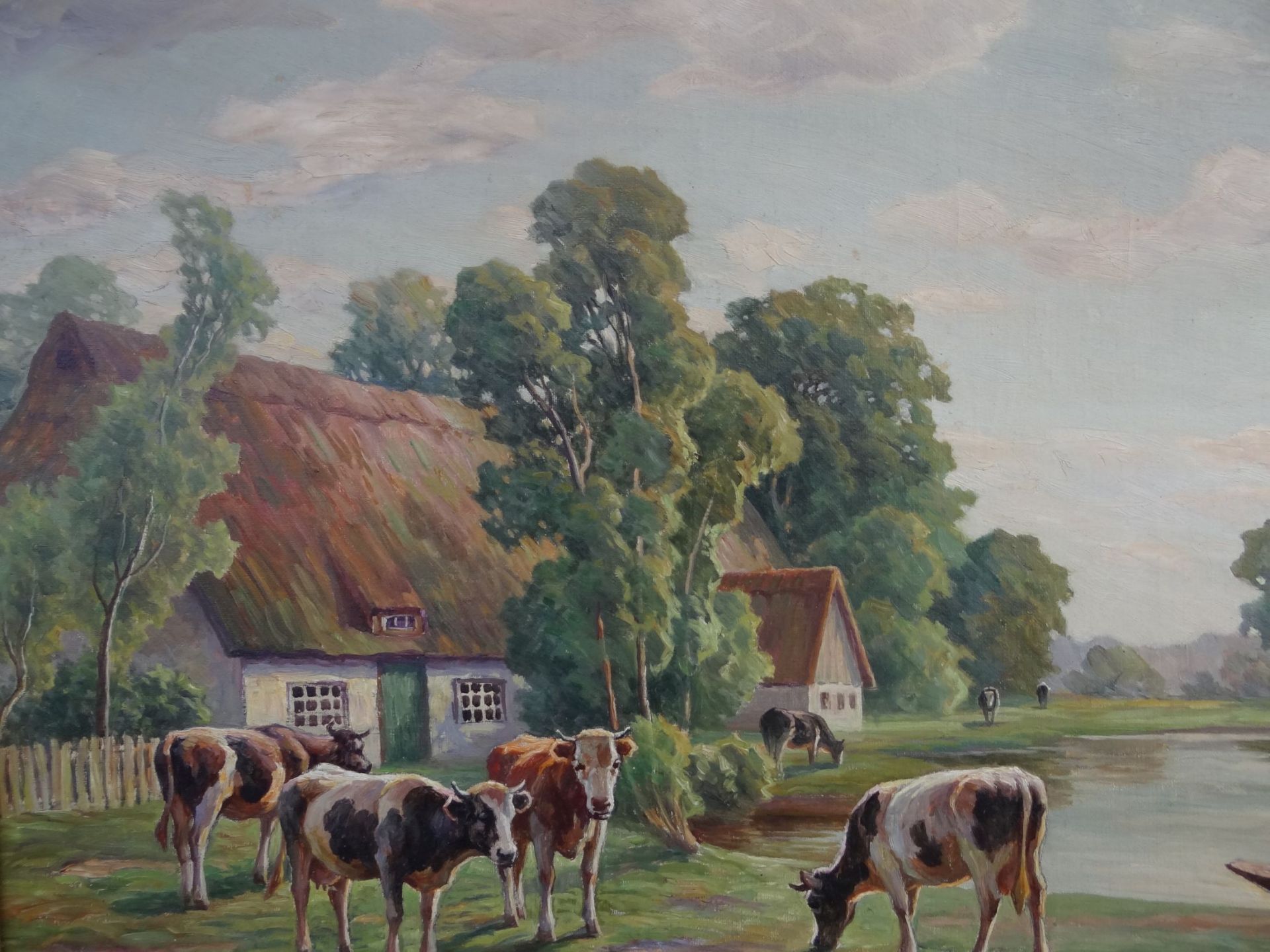 August KAUFHOLD (1884-1955) "Kühe vor Bauernhaus" Öl/Leinen, alt gerahmt, RG 74x93<b