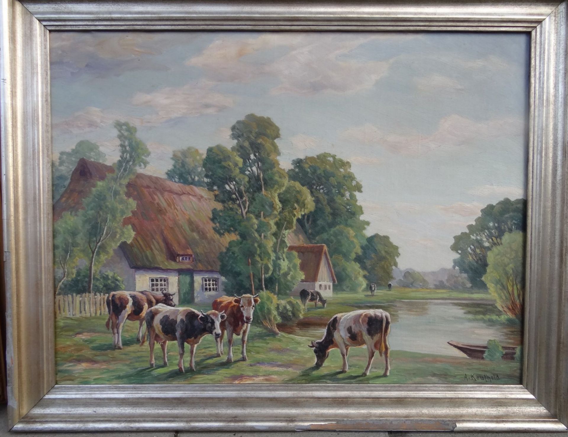 August KAUFHOLD (1884-1955) "Kühe vor Bauernhaus" Öl/Leinen, alt gerahmt, RG 74x93<b - Bild 2 aus 4