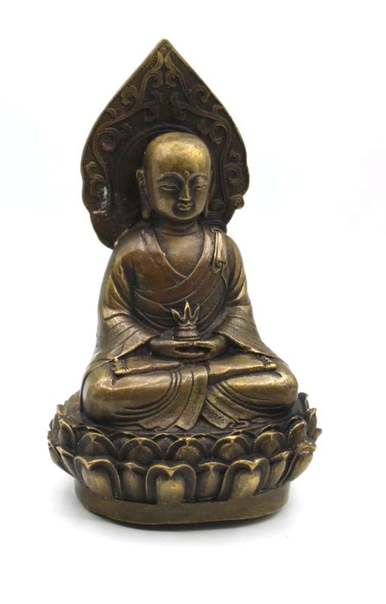 Buddha in Meditationshaltung auf Lotustrohn, Bronze, gemarkt, H-17,5cm.