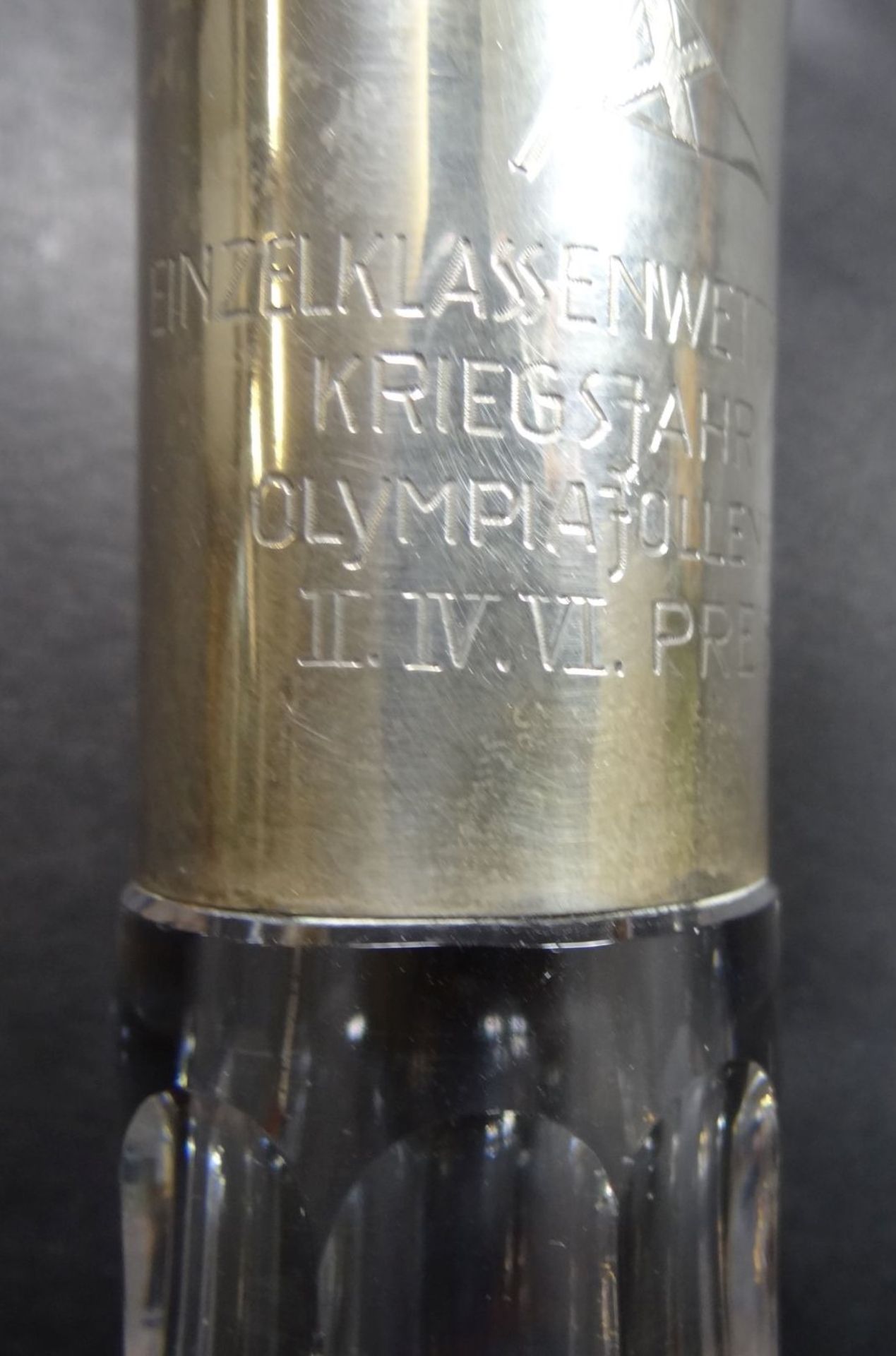 Kristallkaraffe mit Silberhals, Gravur, Segelpreis 1941, H-32 cm - Bild 5 aus 6