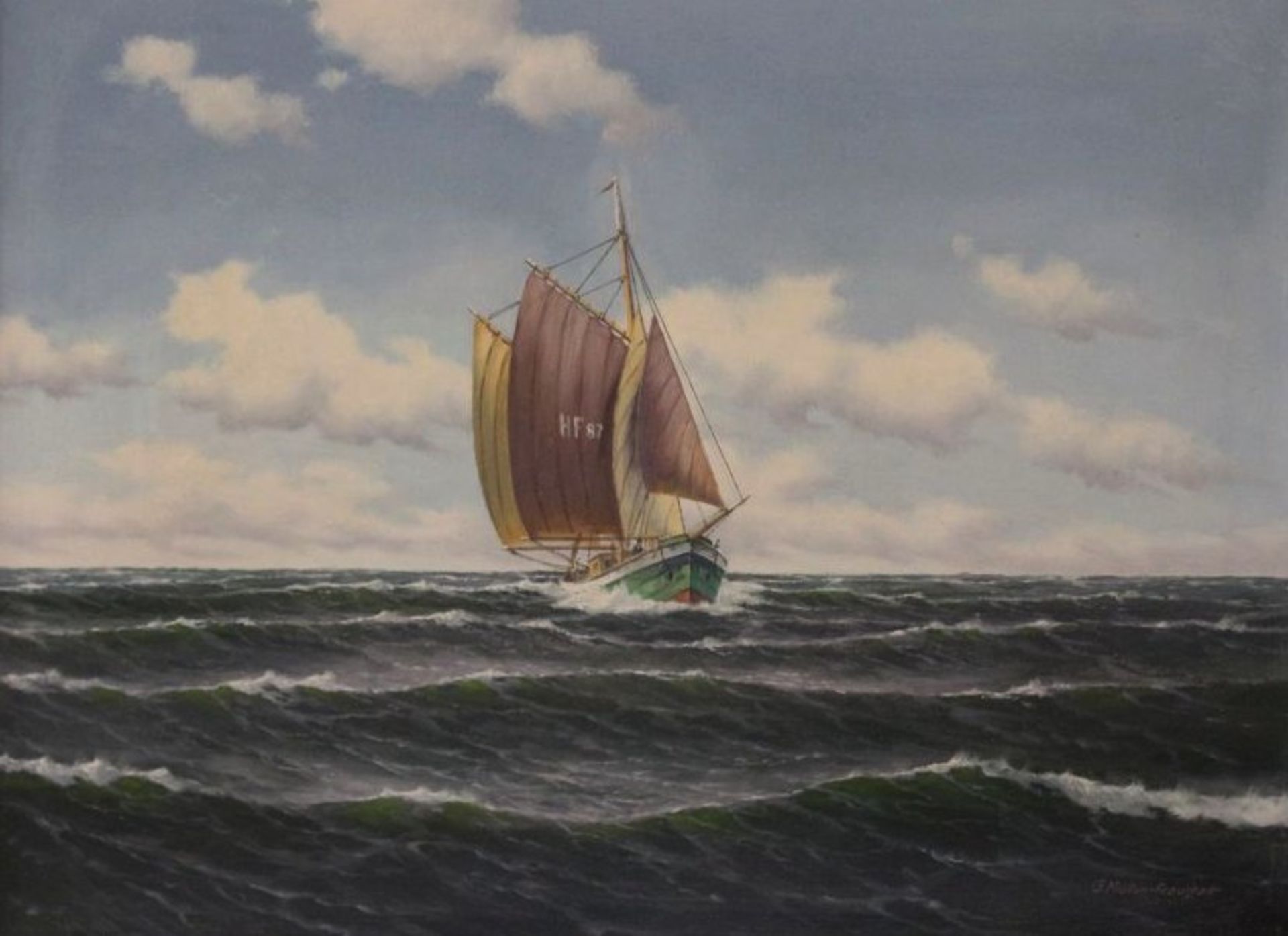 G. MULLER-FRAUSTATT (XX) "Fischerboot auf See", Öl/Leinwandm gerahmt, RG 73 x 92cm.<