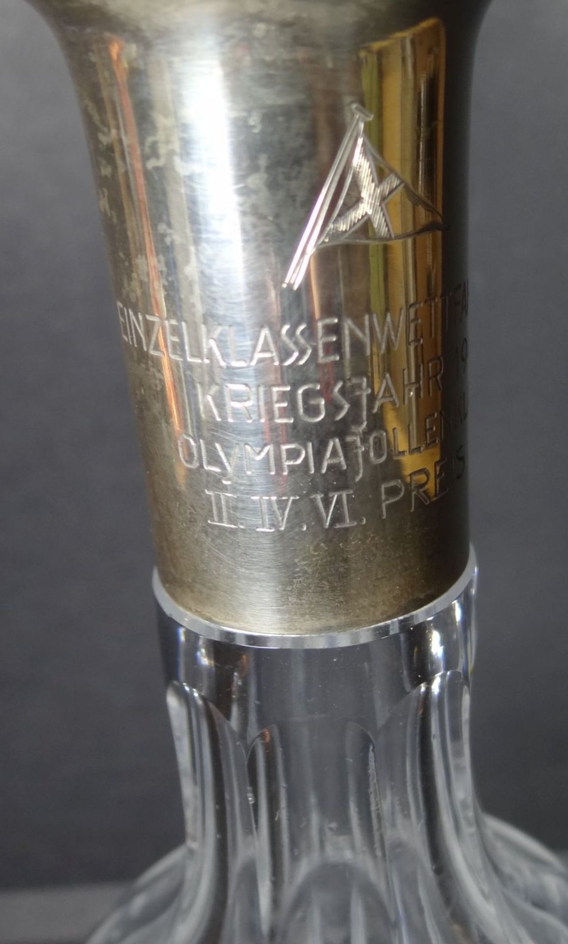 Kristallkaraffe mit Silberhals, Gravur, Segelpreis 1941, H-32 cm - Bild 3 aus 6