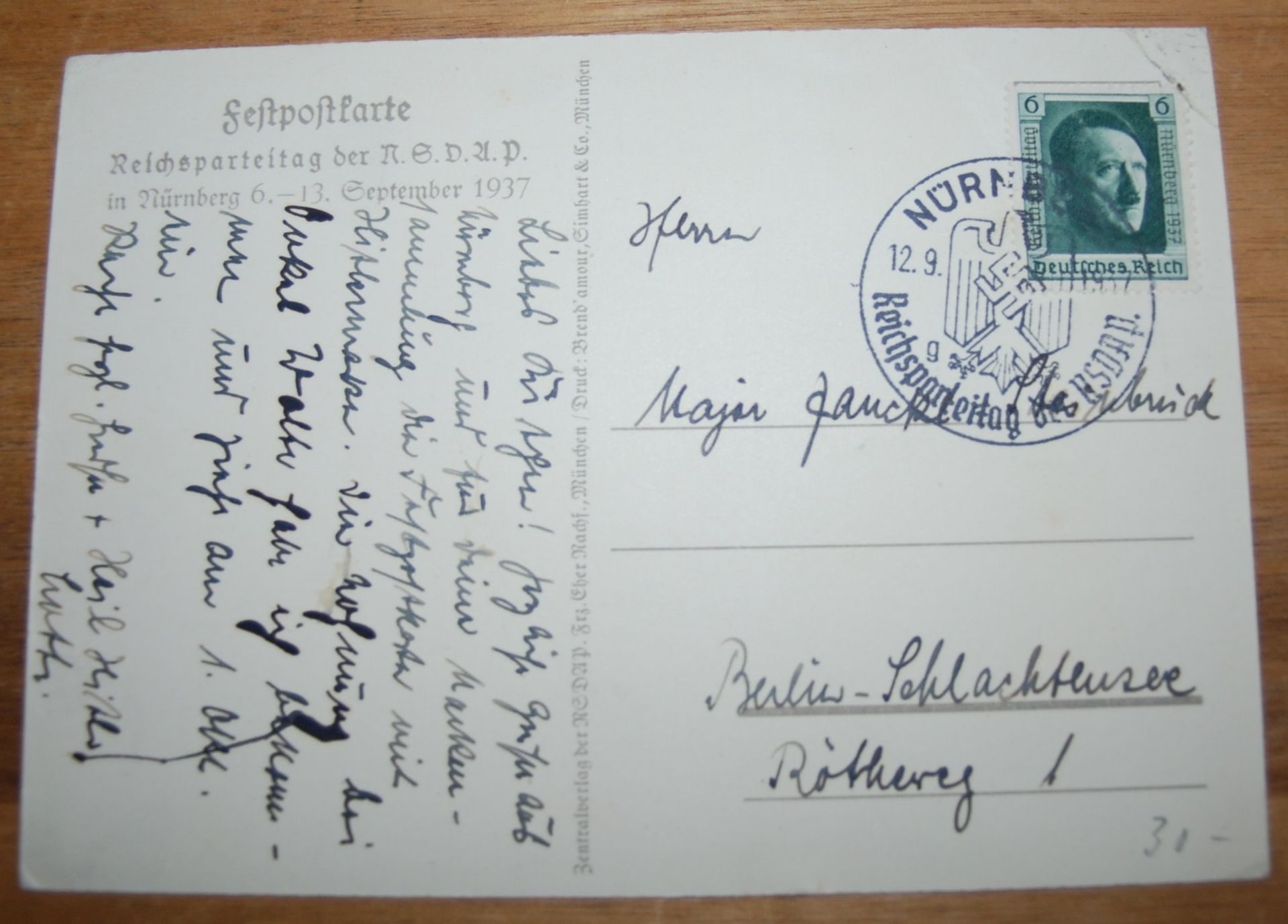 Festpostkarte Nürnberger Parteitag 1937, Zentralverlag der NSDAP, Knickstellen, gelaufe< - Bild 2 aus 3
