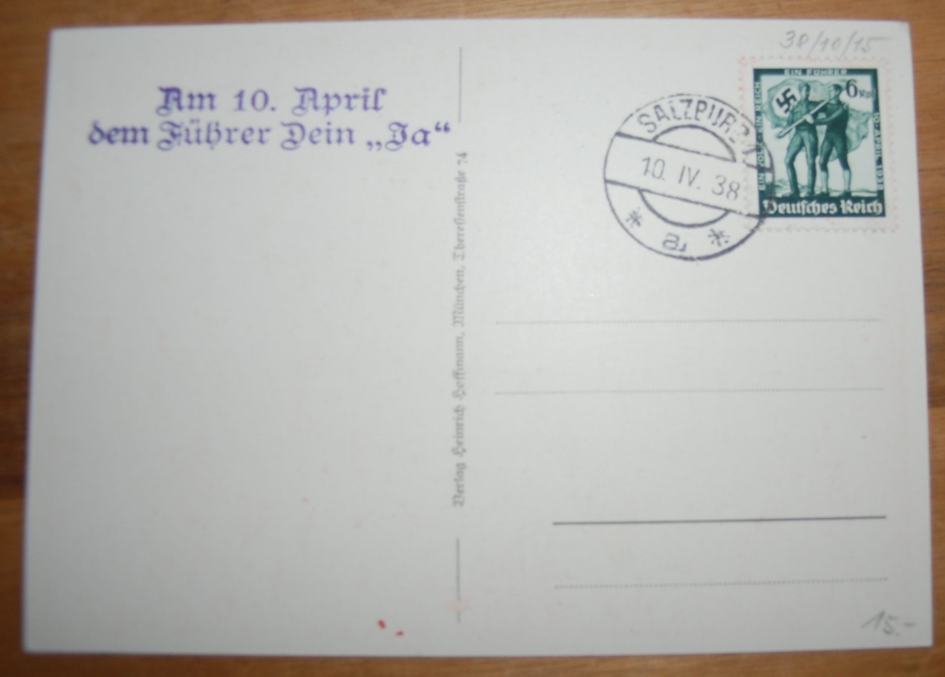 Postkarte "am 10.April dem Führer dein JA" 1938 gestempel< - Bild 2 aus 3