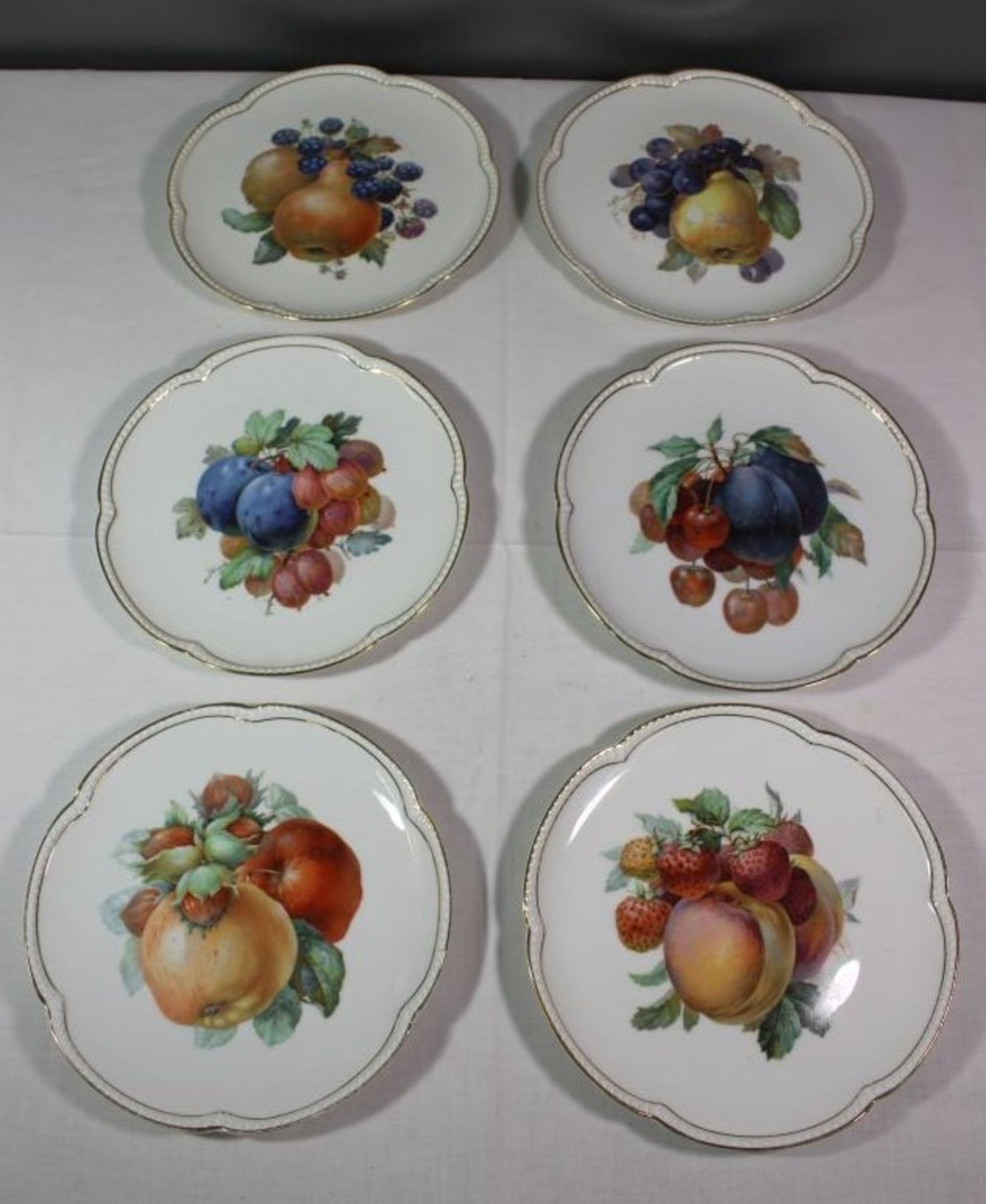 6x Obstteller, Krautheim, Früchtedekore, älter, Perlrand, 1x kl. Brandriss, D-19,5cm<b