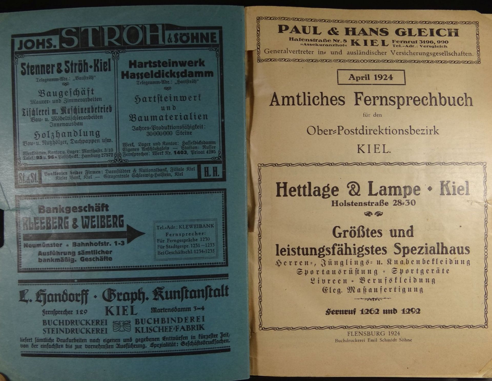 Amtliches Fernsprechbuch für den Ober-Direktions-Postbezirk Kiel, 192< - Bild 3 aus 6