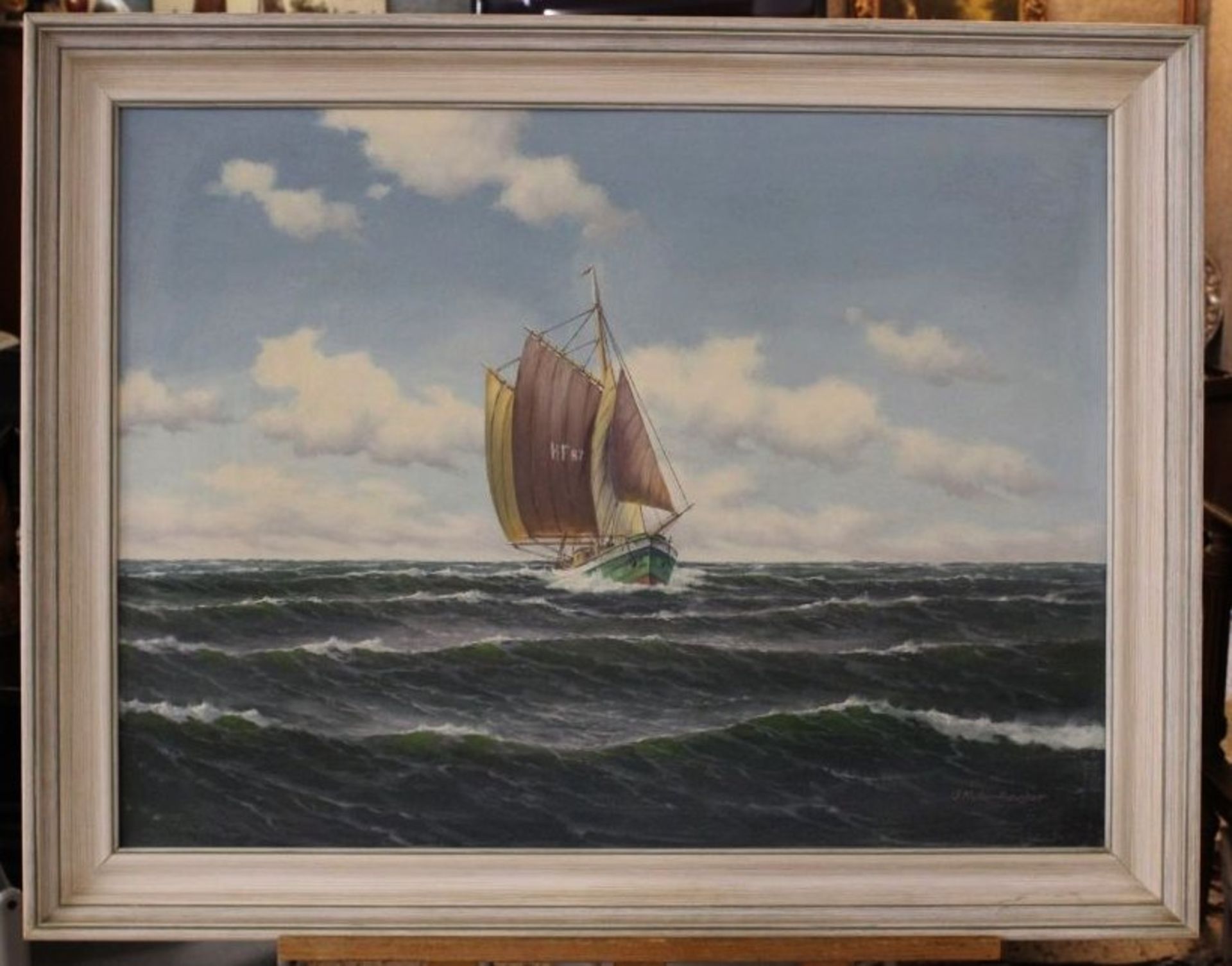 G. MULLER-FRAUSTATT (XX) "Fischerboot auf See", Öl/Leinwandm gerahmt, RG 73 x 92cm.< - Bild 3 aus 3