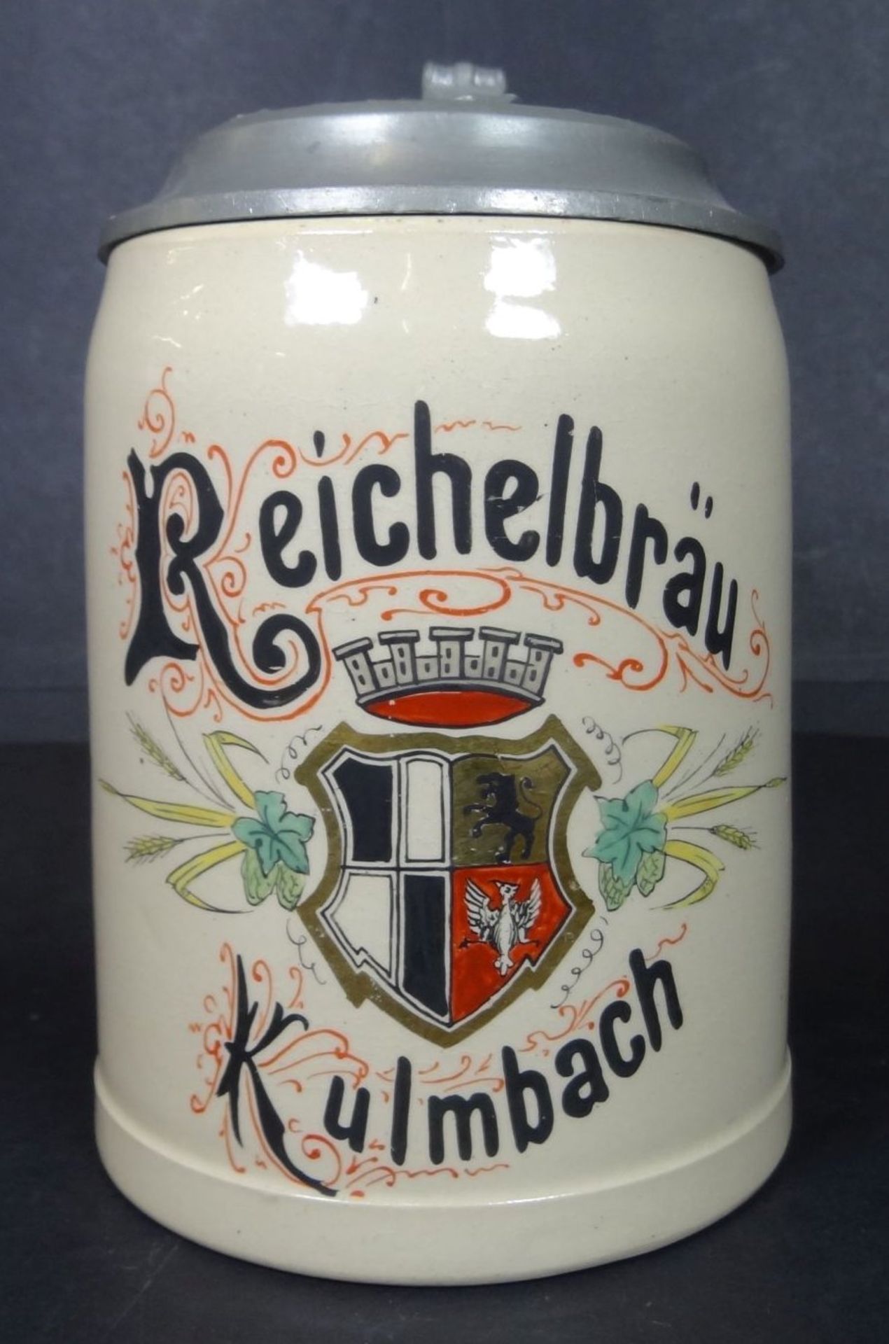 Bierkrug "Reichelbräu Kulmbach" 1/2 L, Zinndeckel, H-15 c<