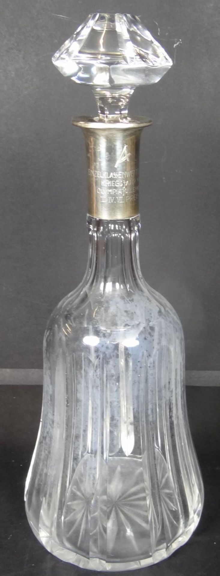 Kristallkaraffe mit Silberhals, Gravur, Segelpreis 1941, H-32 cm