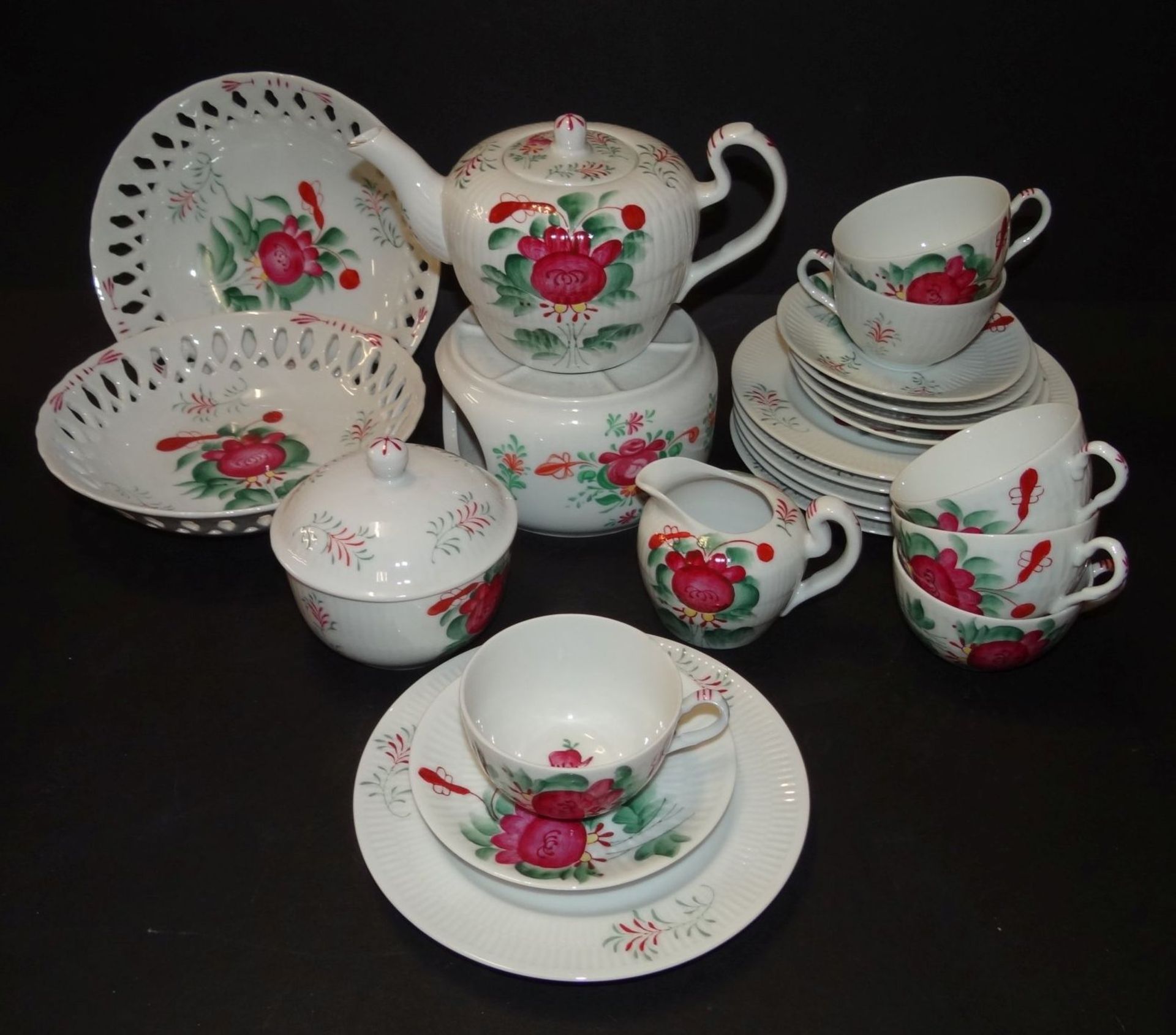 Teeservice mit handgemalter Freisenrose, 23 Teile, (kl. Teekanne, H-11 cm!) - Bild 2 aus 4
