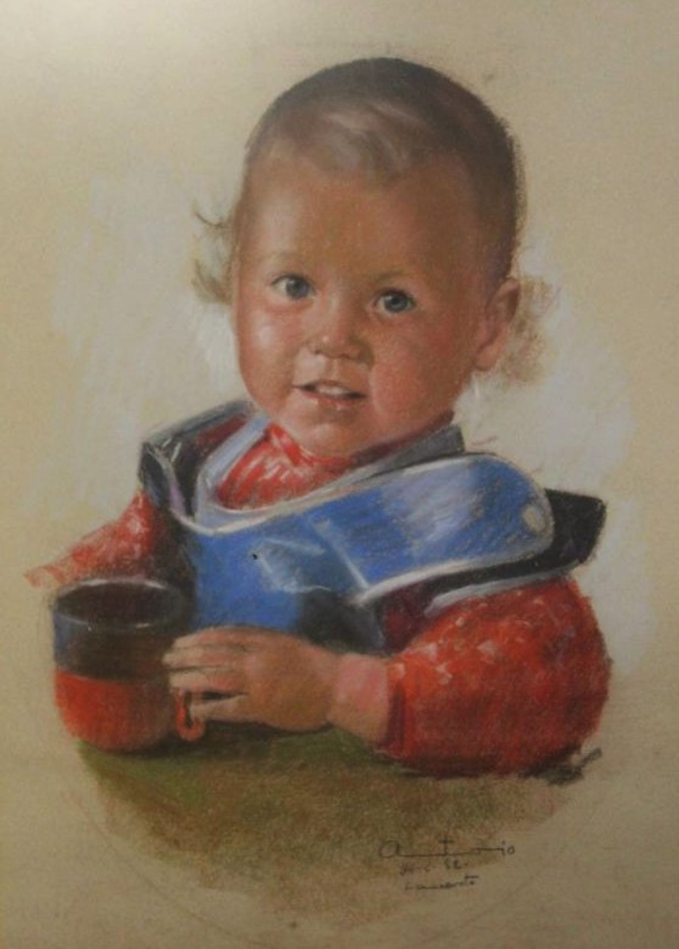 Antonio, Kinderportrait, Mischtechnik, ger./Glas, RG 68 x 53cm.