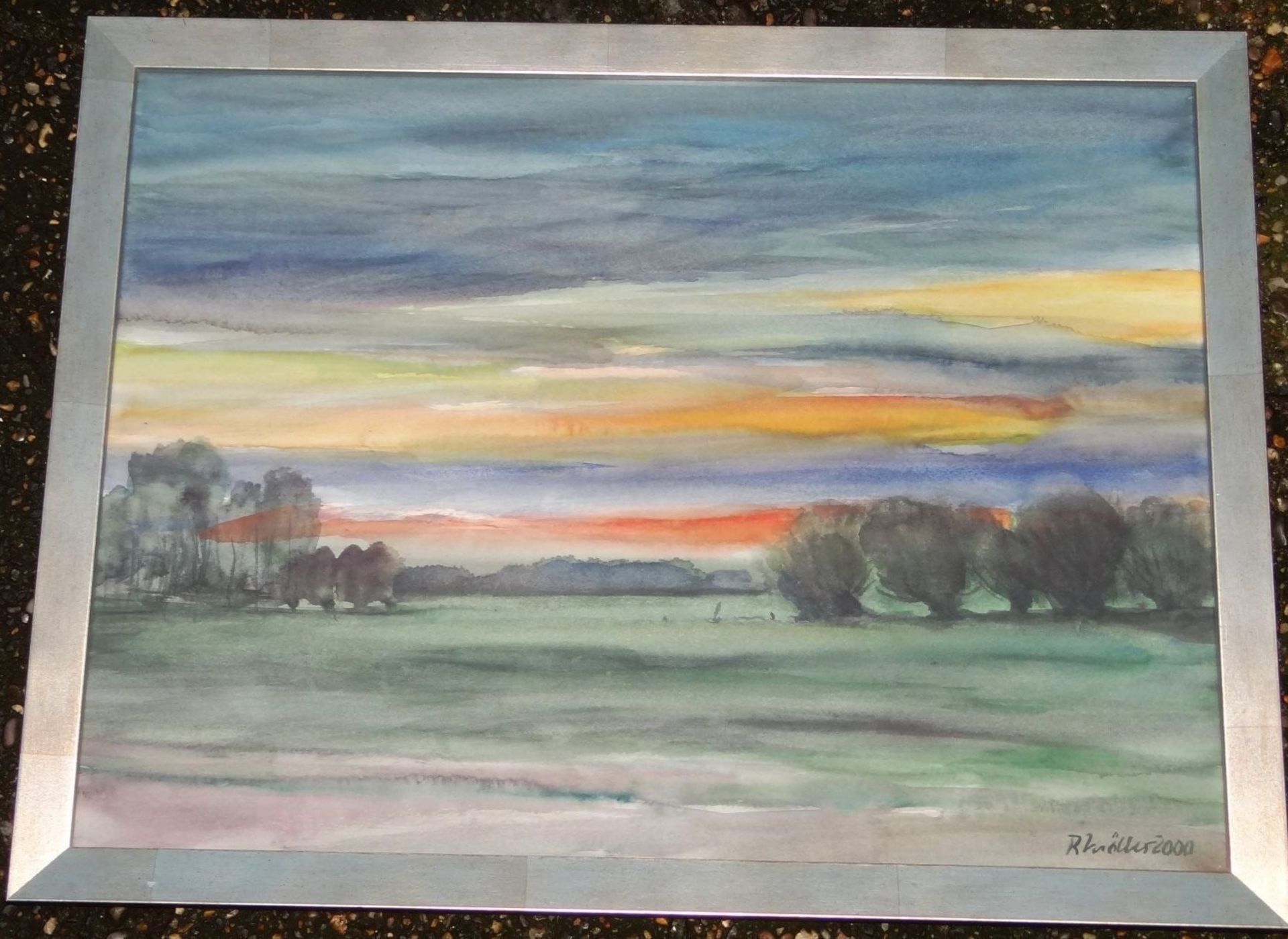 R. Möller "weite Landschaft" Aquarell, ger/Glas, RG 39x51 c< - Bild 2 aus 3