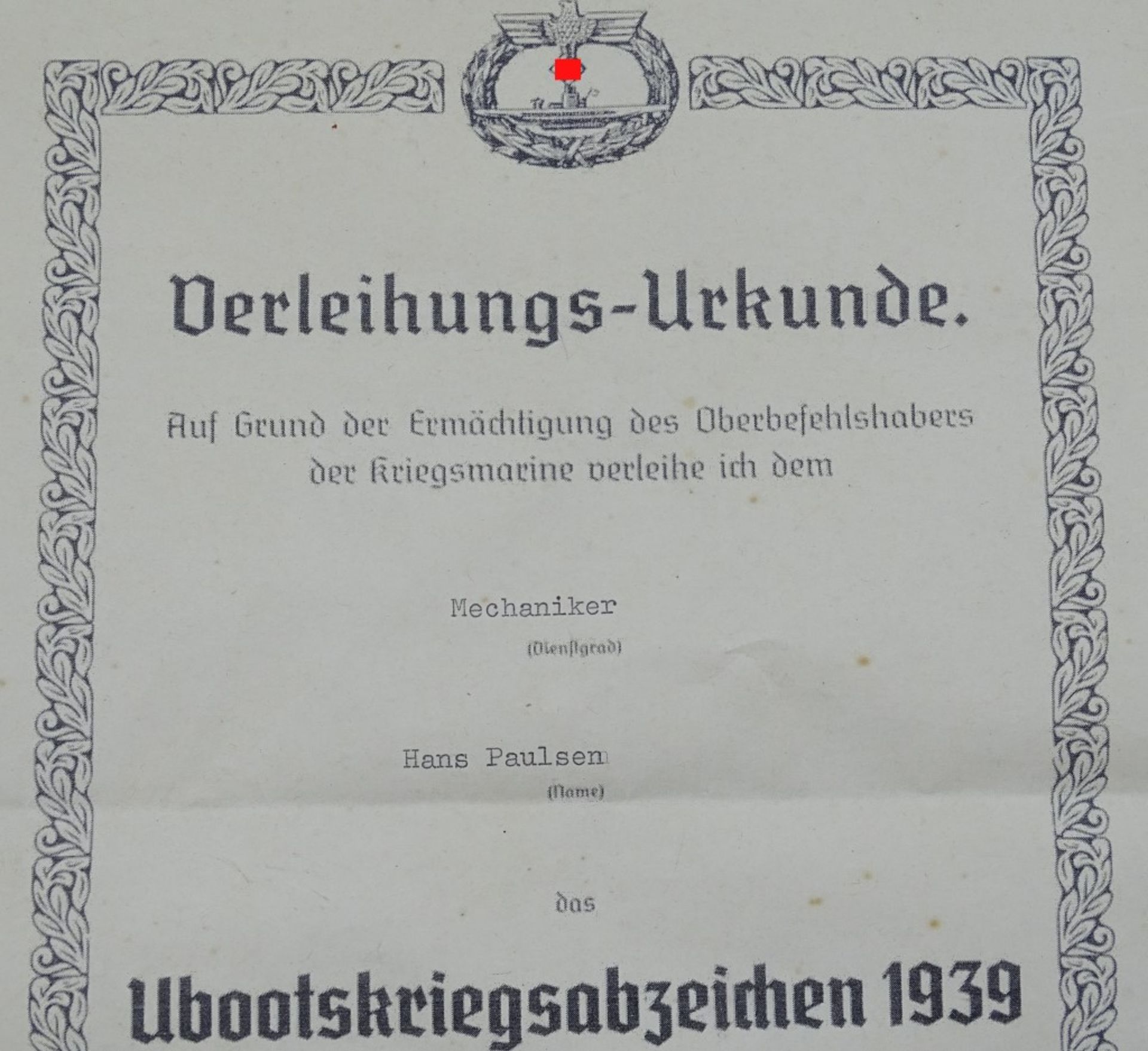 Verleihungsurkunde - Ubootkriegsabzeichen 1939, Orig.??? - Bild 2 aus 4