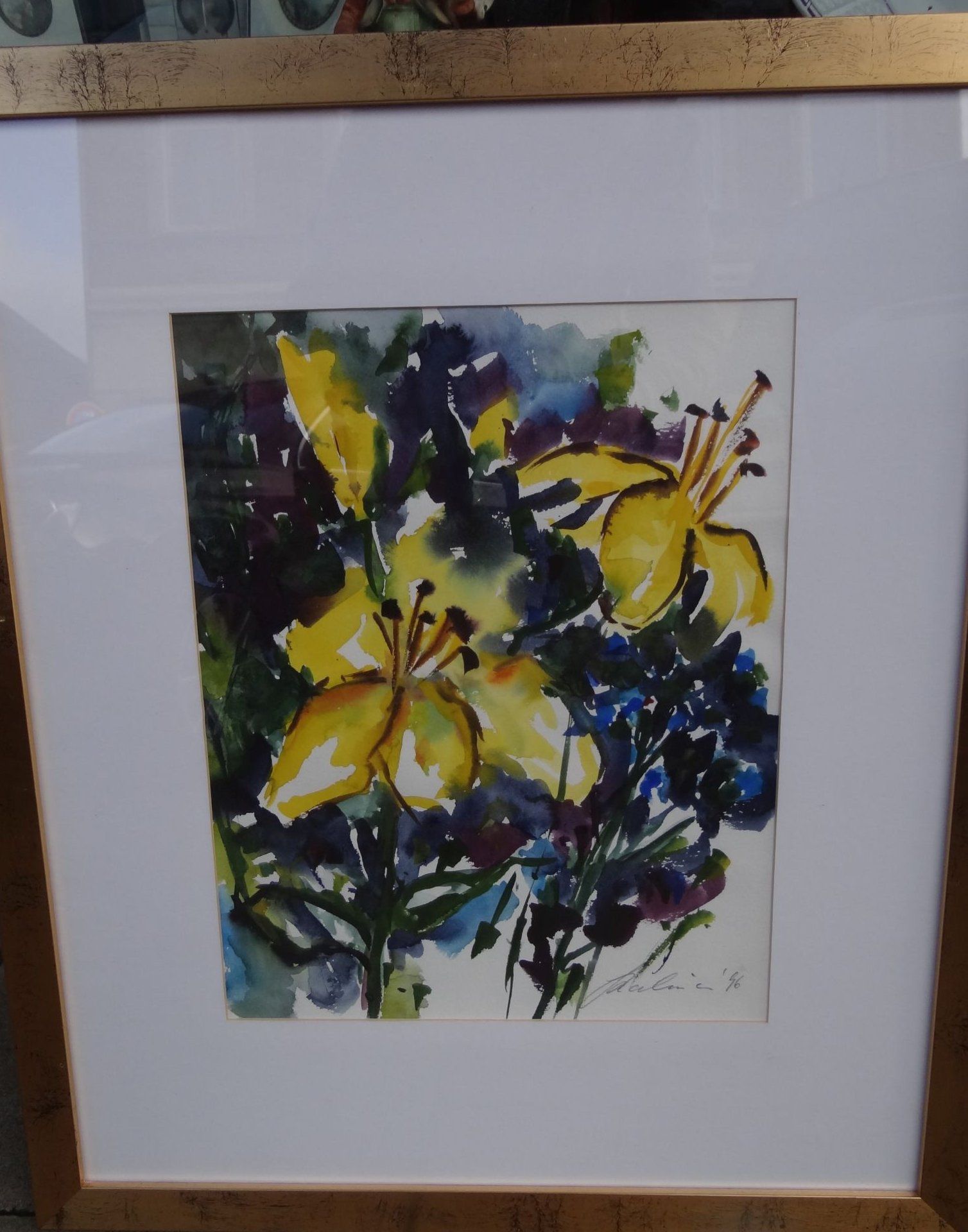 unleserl. signiert 1996, Blumen, Aquarell, ger/Glas, RG 65x55 cm