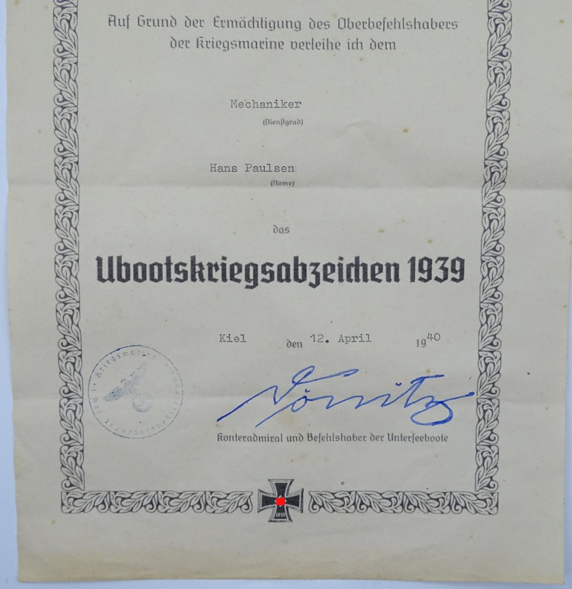 Verleihungsurkunde - Ubootkriegsabzeichen 1939, Orig.??? - Bild 3 aus 4