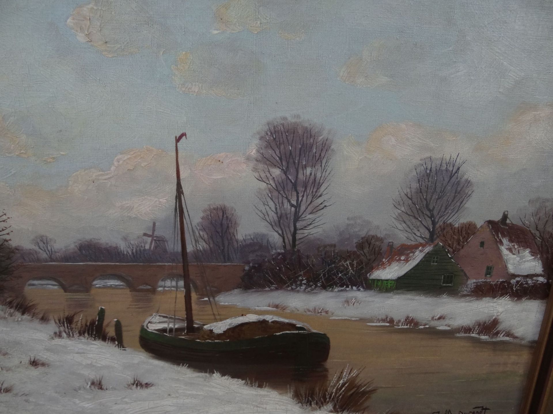 Adolf Durandt "Kanallandschaft im Winter" Öl/Leinen, gerahmt, RG 60x75 c< - Bild 4 aus 5