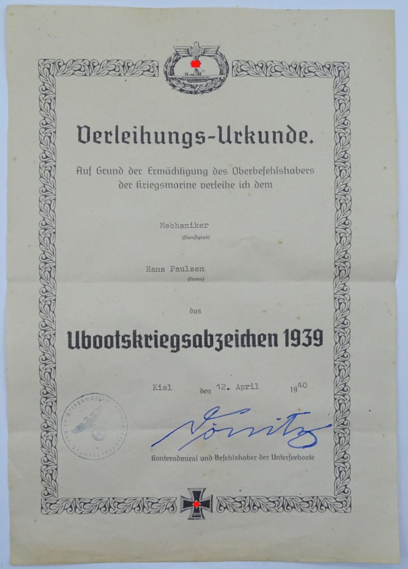 Verleihungsurkunde - Ubootkriegsabzeichen 1939, Orig.???