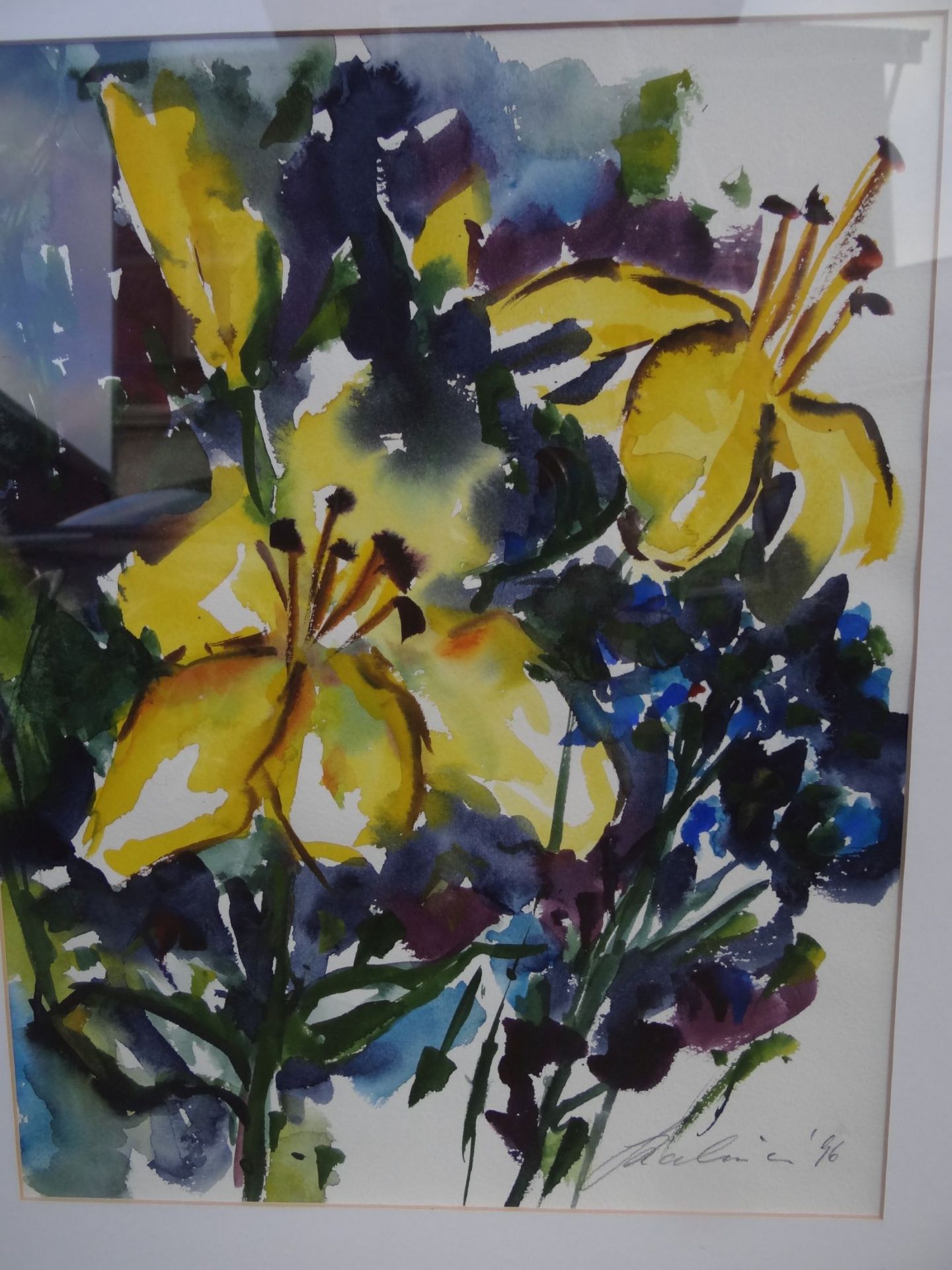 unleserl. signiert 1996, Blumen, Aquarell, ger/Glas, RG 65x55 cm - Bild 2 aus 5