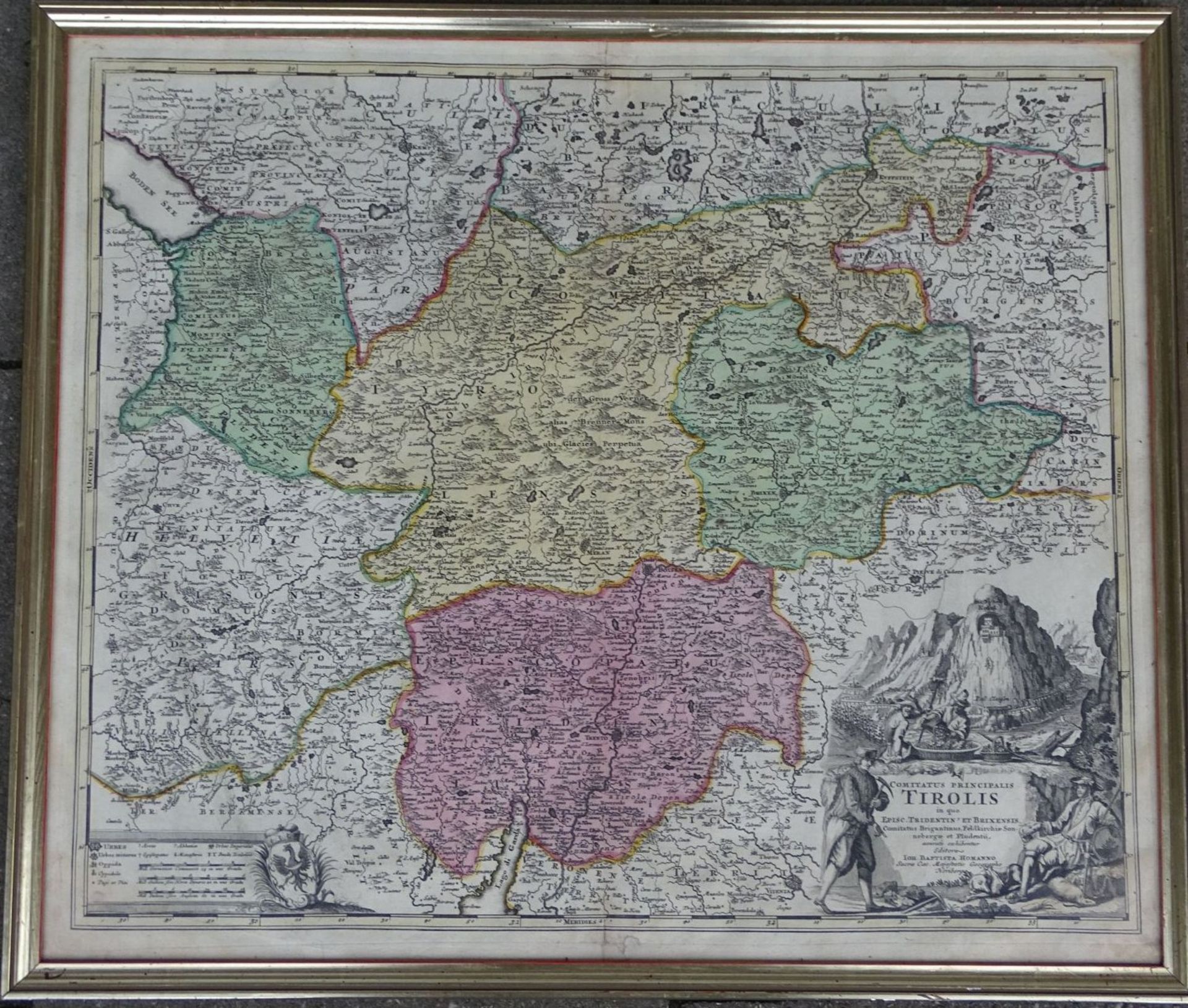 Johann Baptista HOMANN (1664-1724) "Tirolis" colorierte Landkarte um 1720, ger/Glas, RG 55x65 cm