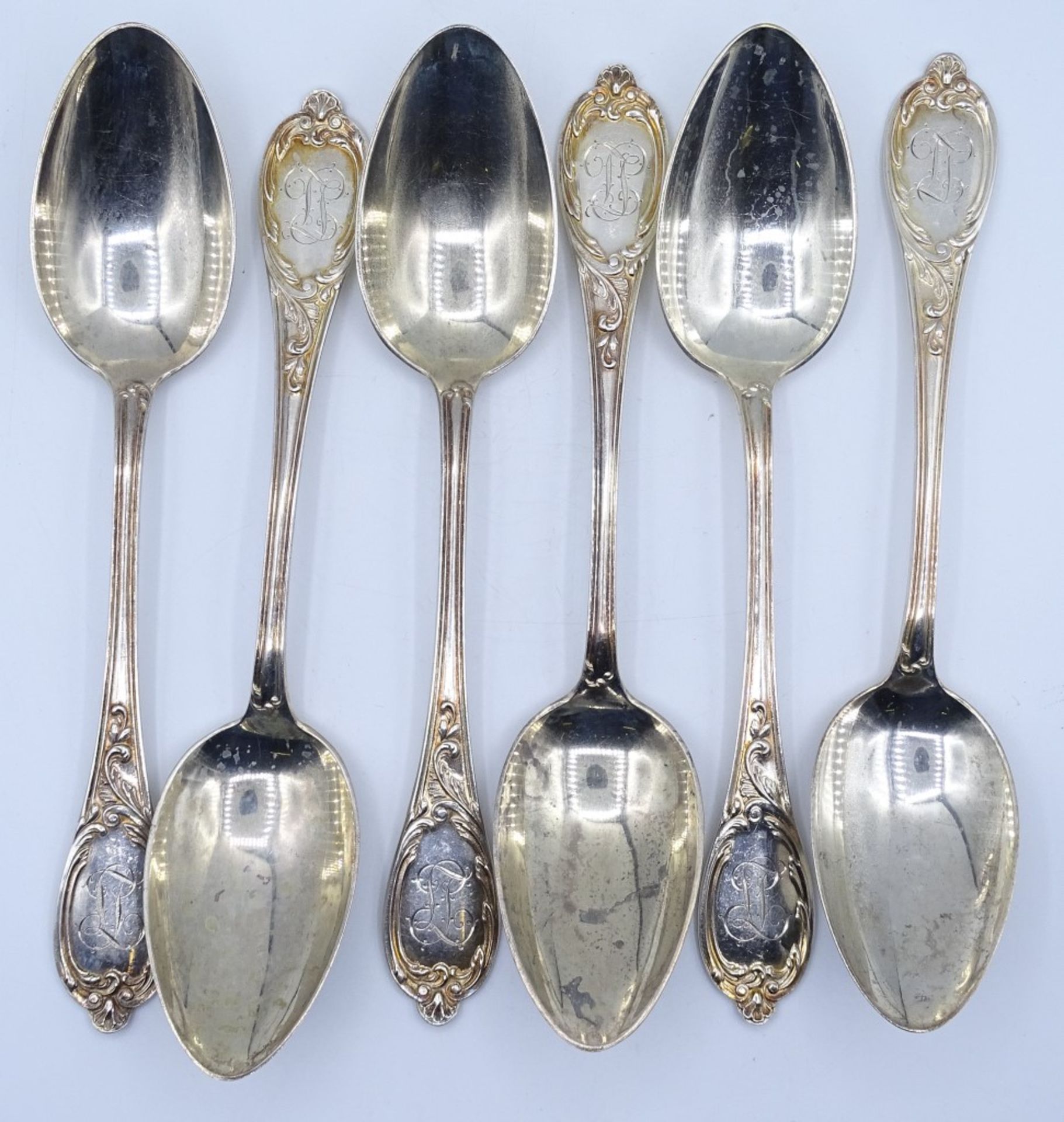 6x Esslöffel,Rocaille Dekor,Silber 0.800 mit Ziermonogramm,L- 22cm,ges.Gew.432gr